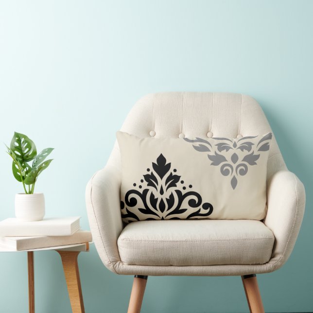 Scroll Damask Art I Black Grey Cream Lumbar Cushion (Chair)