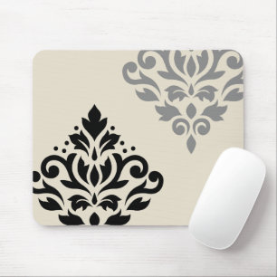 Scroll Damask Art I Black Grey Cream Mouse Mat