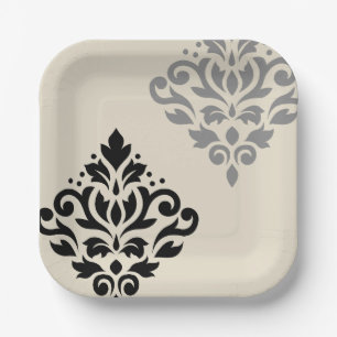 Scroll Damask Art I Black Grey Cream Paper Plate