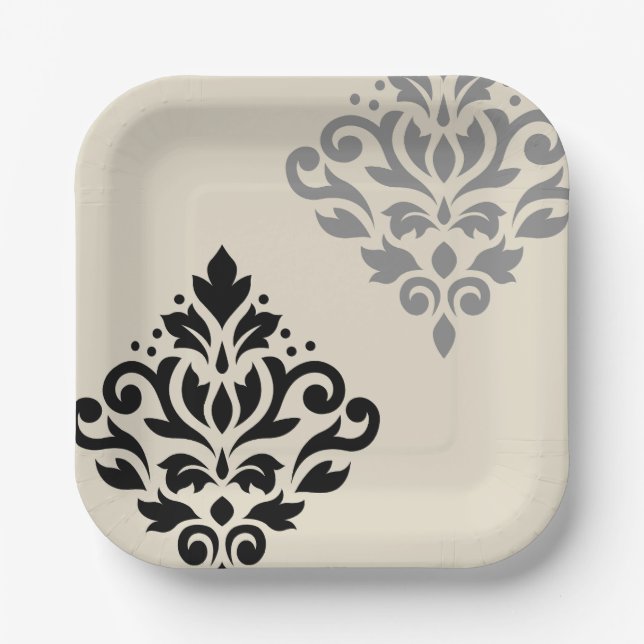 Scroll Damask Art I Black Grey Cream Paper Plate (Front)