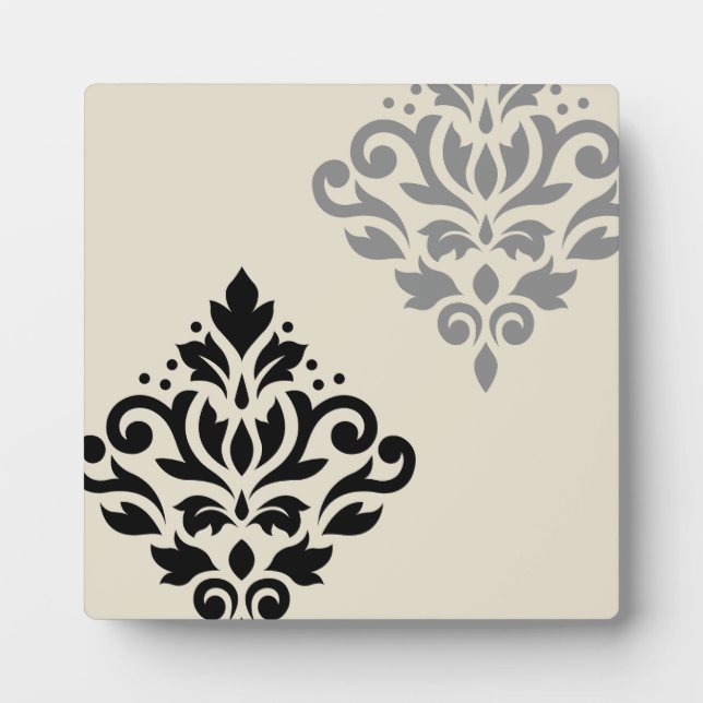 Scroll Damask Art I Black Grey Cream Plaque (Front)