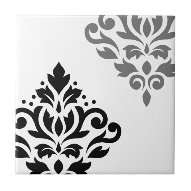 Scroll Damask Art I Black & Grey on White Tile (Front)