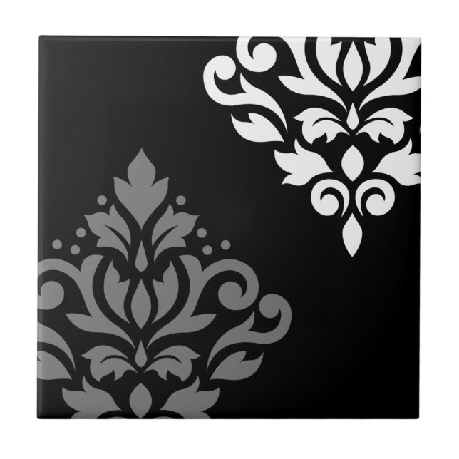 Scroll Damask Art I Black Grey White Tile (Front)