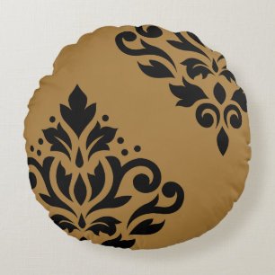 Scroll Damask Art I Black on Gold Round Cushion
