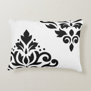 Scroll Damask Art I Black on White Decorative Cushion