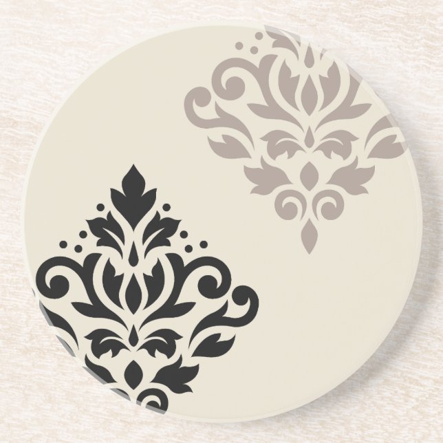 Scroll Damask Art I Black Taupe Cream Coaster (Front)