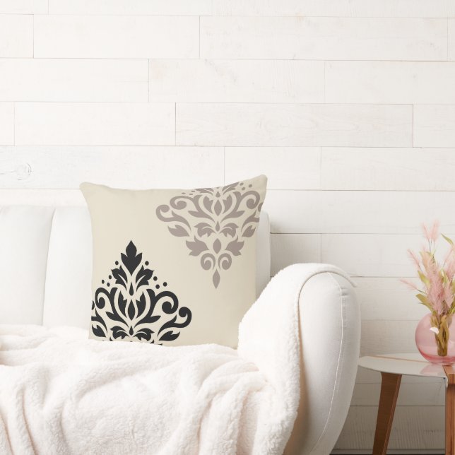 Scroll Damask Art I Black Taupe Cream Cushion (Couch)