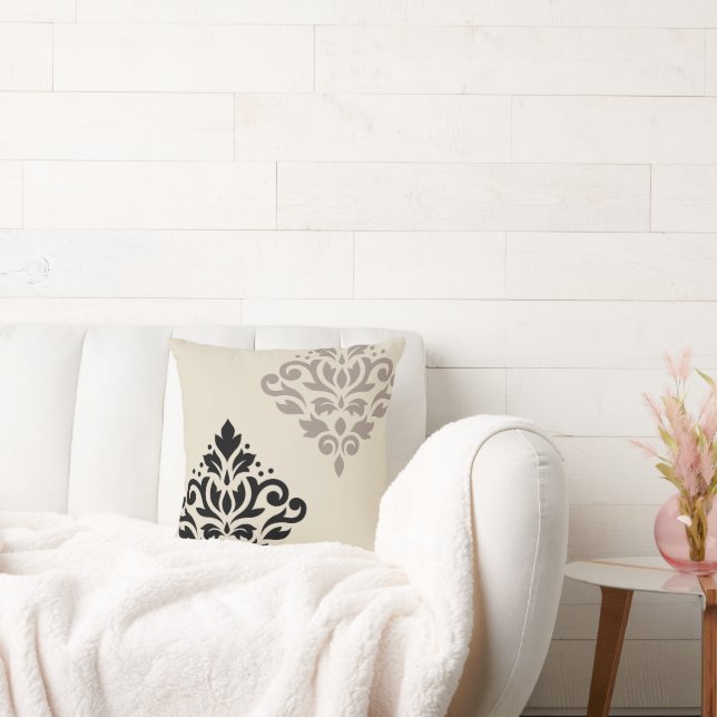 Scroll Damask Art I Black Taupe Cream Cushion (Couch)
