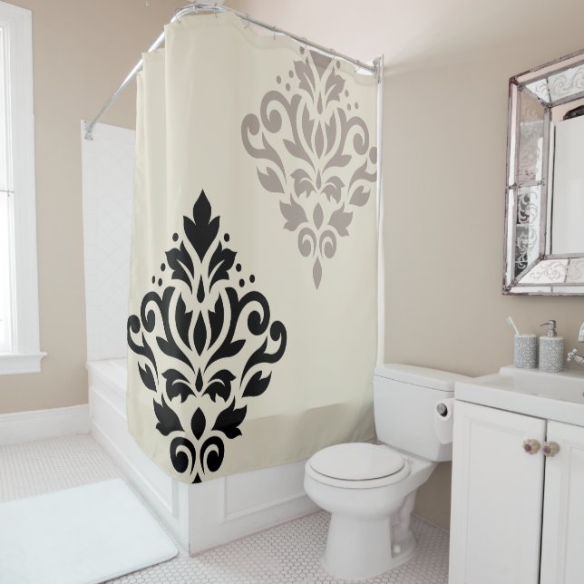 Scroll Damask Art I Black Taupe Cream Shower Curtain (In Situ)