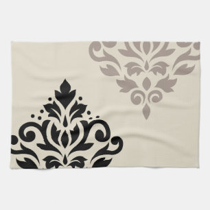 Scroll Damask Art I Black Taupe Cream Tea Towel