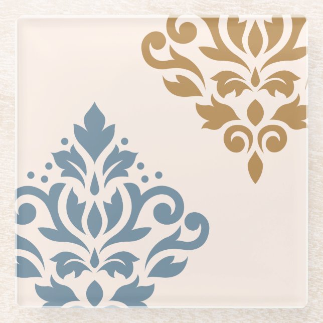 Scroll Damask Art I Blue Gold Cream Glass Coaster (Front)
