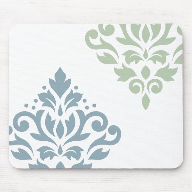 Scroll Damask Art I Blue Green White Mouse Mat (Front)