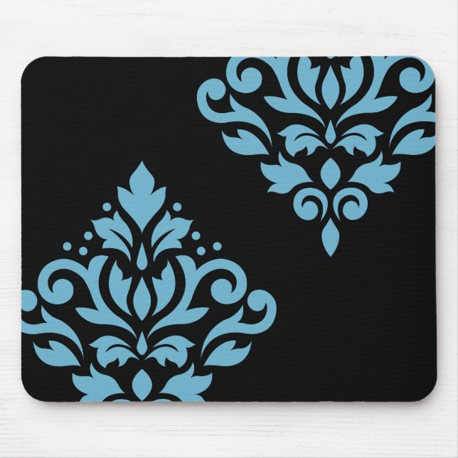 Scroll Damask Art I Blue on Black Mouse Mat (Front)