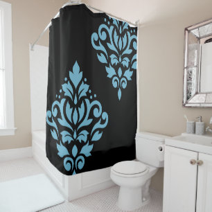 Scroll Damask Art I Blue on Black Shower Curtain