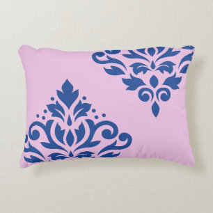 Scroll Damask Art I Blue on Pink Decorative Cushion