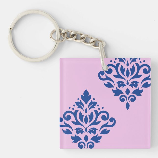 Scroll Damask Art I Blue on Pink Key Ring (Front)