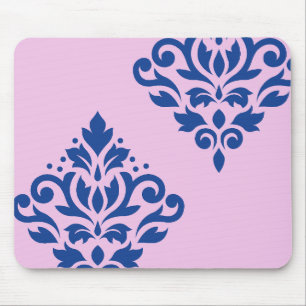 Scroll Damask Art I Blue on Pink Mouse Mat