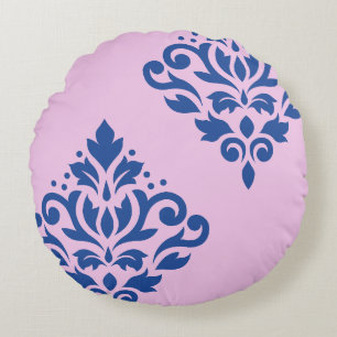 Scroll Damask Art I Blue on Pink Round Cushion