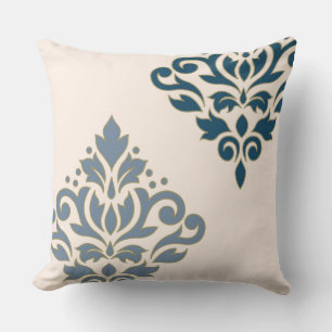 Scroll Damask Art I Blues Gold (line) Cream Cushion