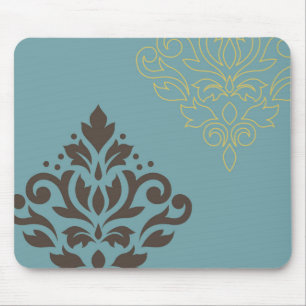 Scroll Damask Art I Brown Gold (line) Teal Mouse Mat