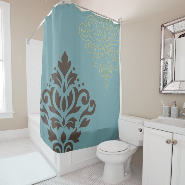 Scroll Damask Art I Brown Gold (line) Teal Shower Curtain (In Situ)