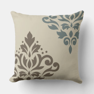 Scroll Damask Art I Brown Teal-Grey Sand Cushion