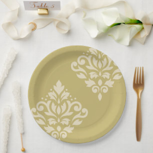 Scroll Damask Art I Cream on Gold Paper Plate