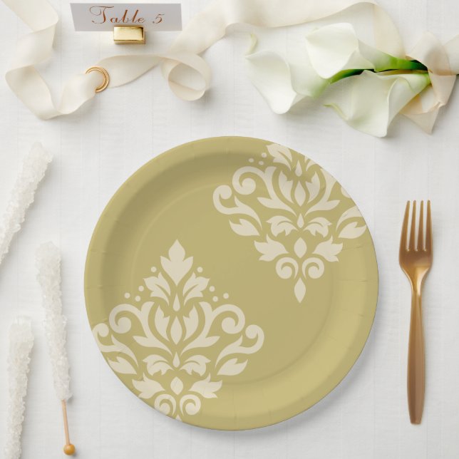 Scroll Damask Art I Cream on Gold Paper Plate (Wedding)