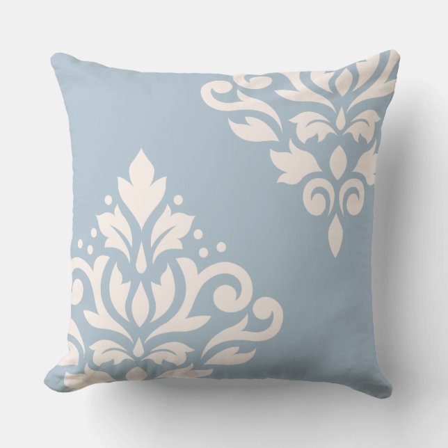 Scroll Damask Art I Cream on Light Blue Cushion (Front)