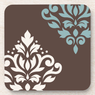 Scroll Damask Art I Cream Teal Brown Coaster