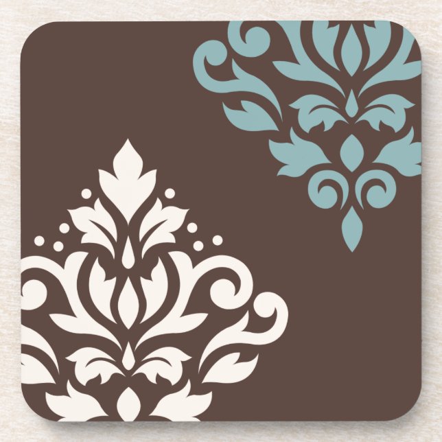 Scroll Damask Art I Cream Teal Brown Coaster (Front)