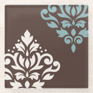 Scroll Damask Art I Cream Teal Brown Glass Coaster