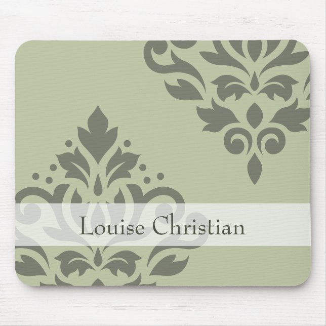 Scroll Damask Art I Dk on Lt Green (Personalised) Mouse Mat (Front)