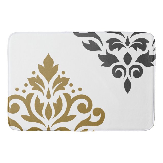 Scroll Damask Art I Gold & Grey on White Bath Mat (Front)