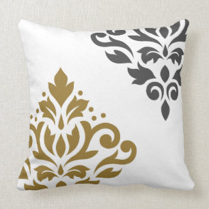 Scroll Damask Art I Gold & Grey on White Cushion