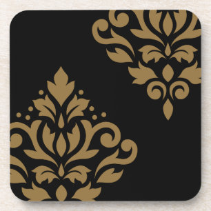 Scroll Damask Art I Gold on Black Coaster