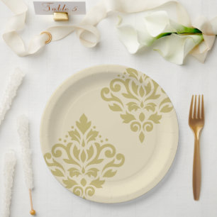 Scroll Damask Art I Gold on Cream Paper Plate