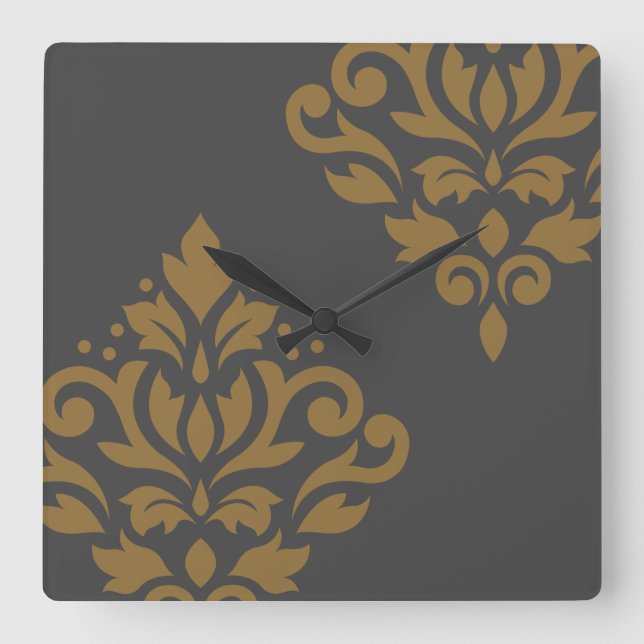 Scroll Damask Art I Gold on Grey Square Wall Clock (Front)