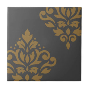 Scroll Damask Art I Gold on Grey Tile