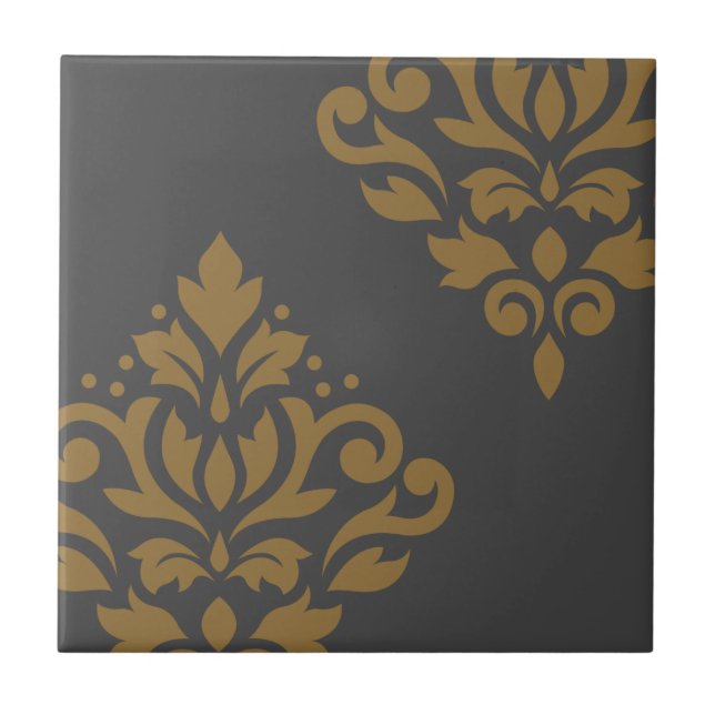 Scroll Damask Art I Gold on Grey Tile (Front)