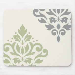 Scroll Damask Art I Green Grey Cream Mouse Mat