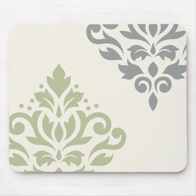 Scroll Damask Art I Green Grey Cream Mouse Mat (Front)