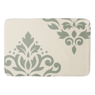 Scroll Damask Art I Green on Cream Bath Mat