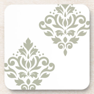 Scroll Damask Art I Green on White Coaster