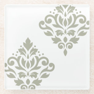 Scroll Damask Art I Green on White Glass Coaster