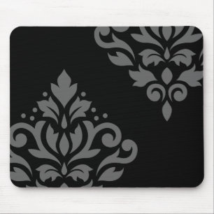 Scroll Damask Art I Grey on Black Mouse Mat
