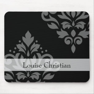 Scroll Damask Art I Grey on Black (Personalised) Mouse Mat