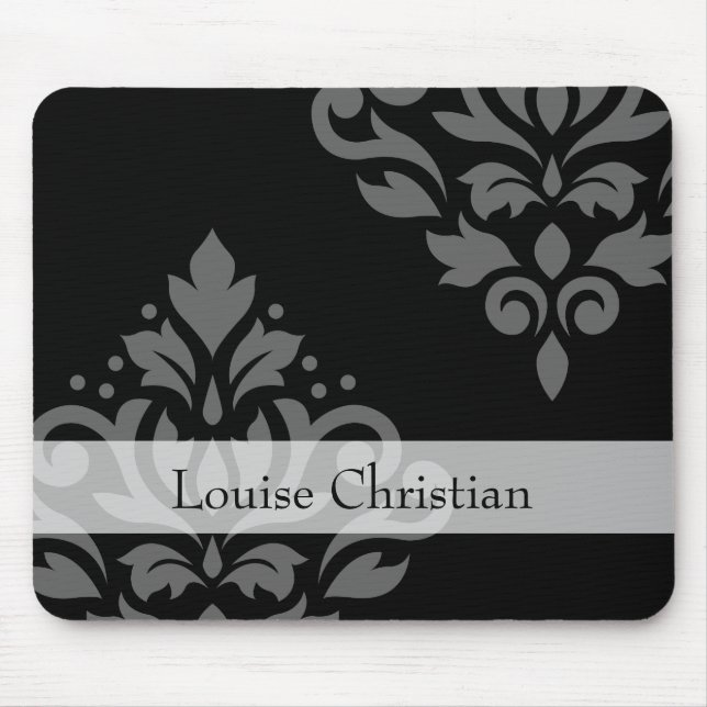 Scroll Damask Art I Grey on Black (Personalised) Mouse Mat (Front)