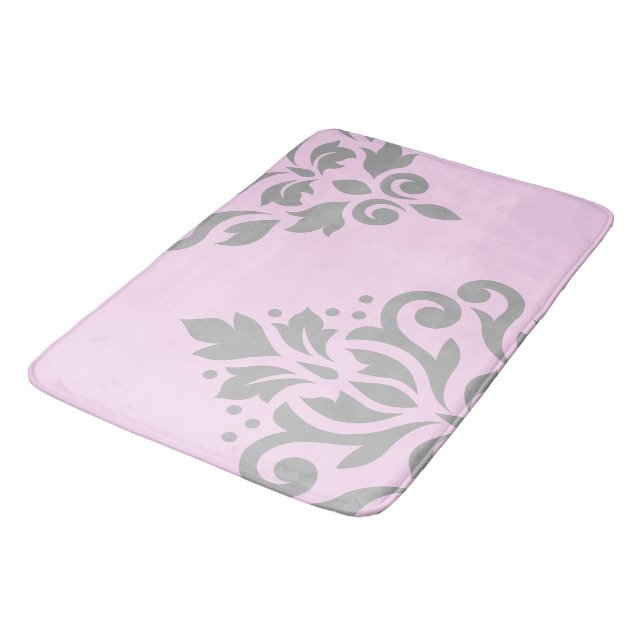 Scroll Damask Art I Grey on Pink Bath Mat (Angled)