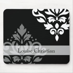 Scroll Damask Art I Grey+Wt on Blk (Personalised) Mouse Mat
